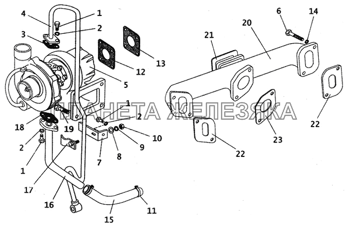 Выпускной коллектор и маслопроводы турбокомпрессора ПАЗ-4230