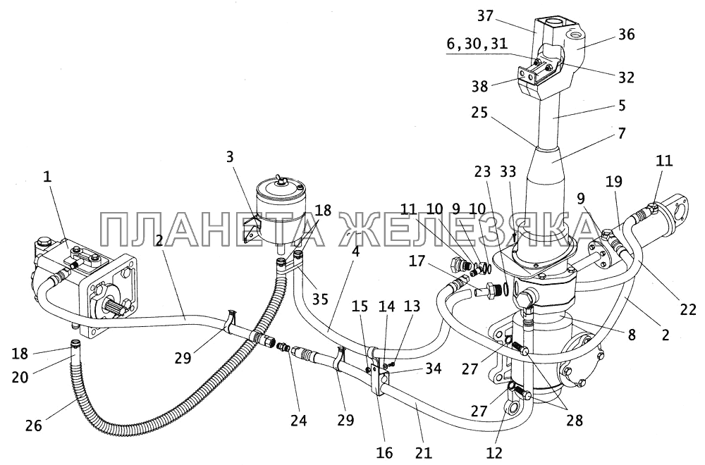 Рулевое управление с гидроусилителем и трубопроводами ПАЗ-4234