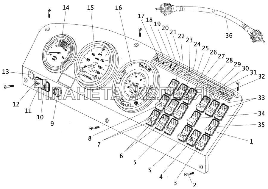 Щиток и комбинация приборов с гибким валом спидометра ПАЗ-4234