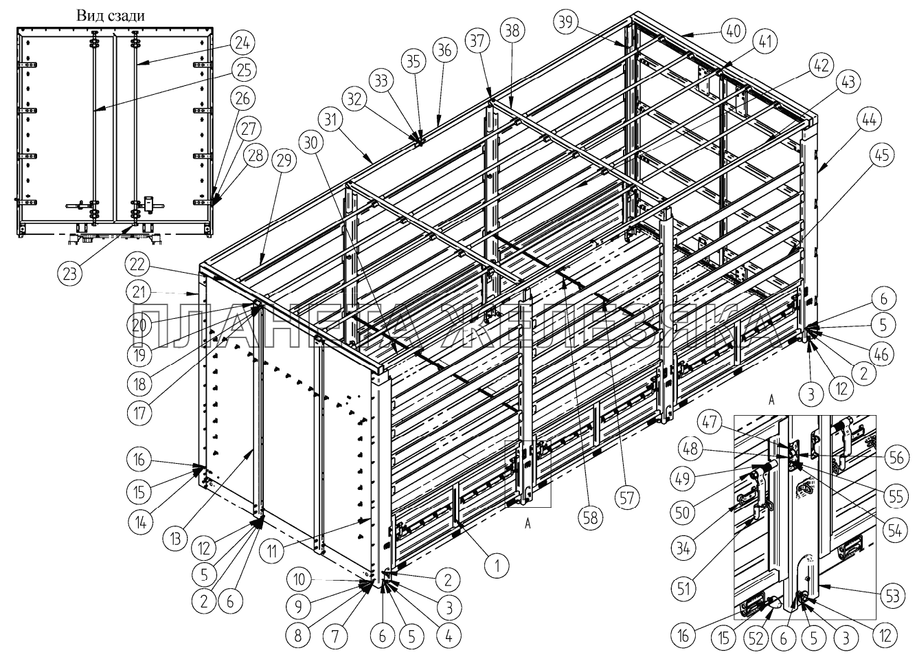 Платформа с каркасом тента, передней стенкой и задними дверьми СЗАП-8305