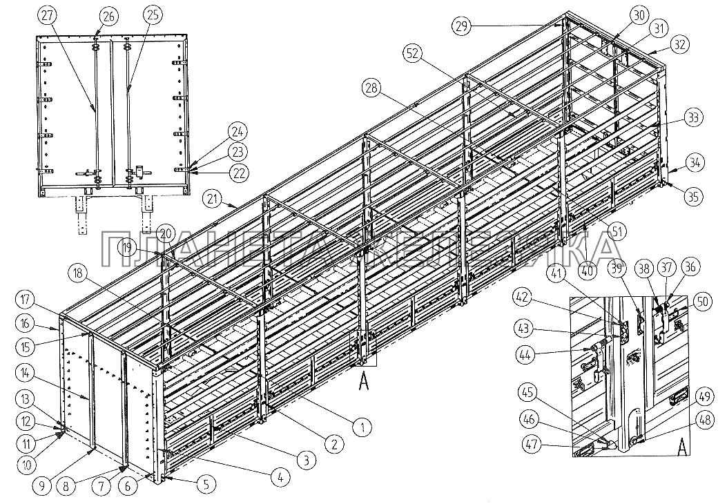 Платформа с каркасом тента, передней стенкой и задними дверьми СЗАП-9327 (2005)