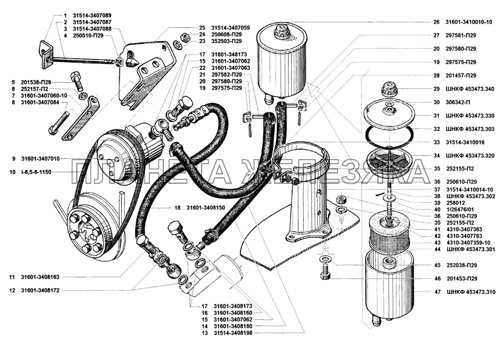 Насос усилителя, трубопроводы и шланги, бак масляный рулевого управления УАЗ-31514