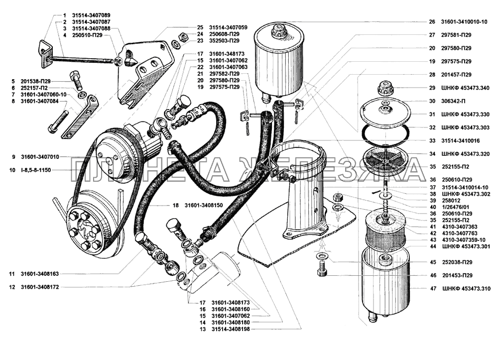 Насос усилителя, трубопроводы и шланги, бак масляный рулевого управления УАЗ-31519
