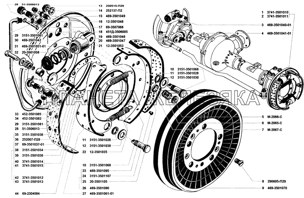 Тормоза рабочие передние и тормозные барабаны УАЗ-31514