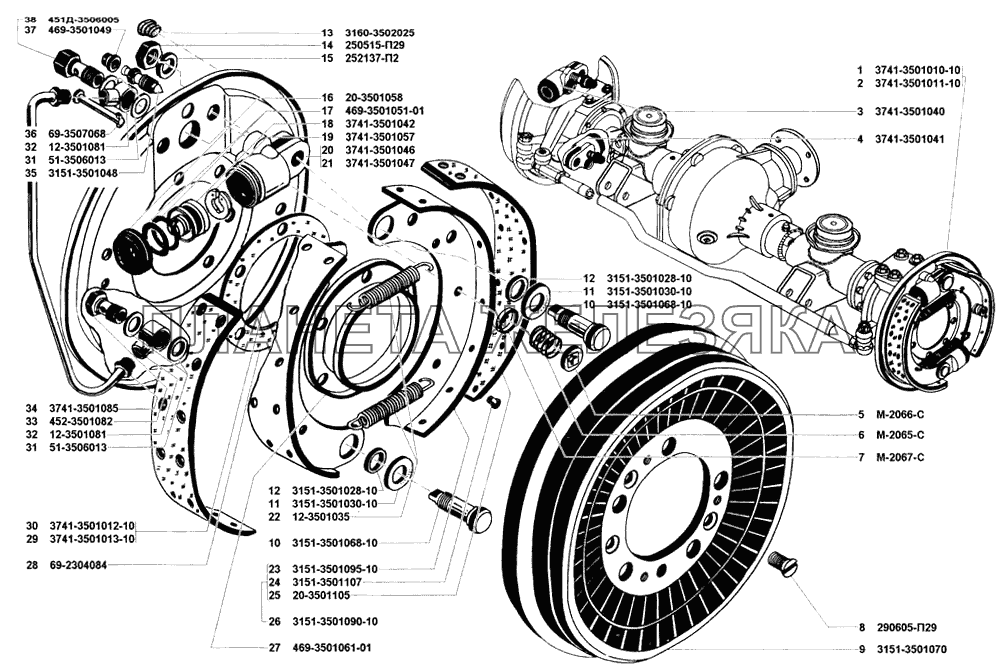 Тормоза рабочие передние и тормозные барабаны УАЗ-31514