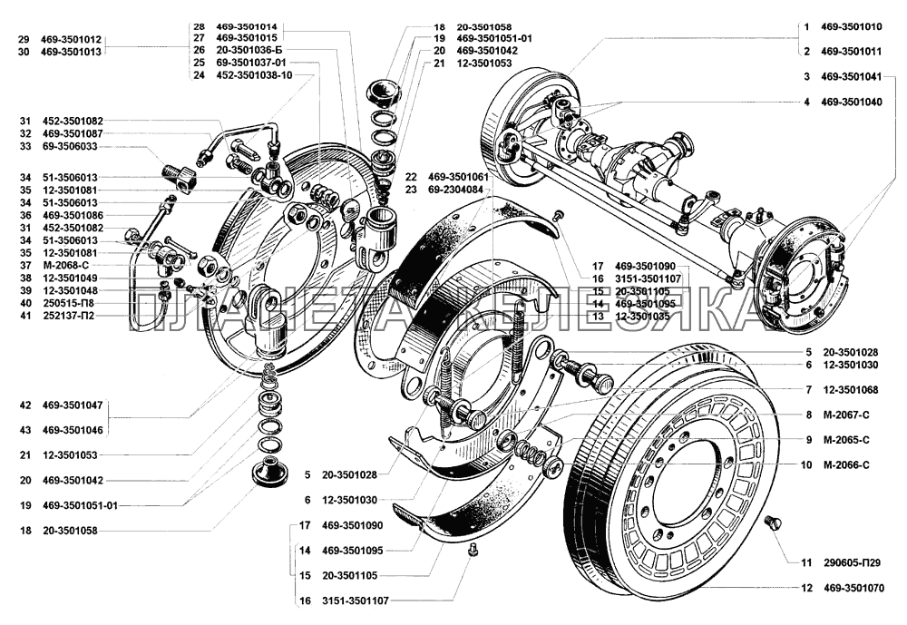 Тормоза рабочие передние и тормозные барабаны УАЗ-31514