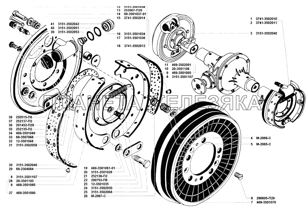 Тормоза рабочие задние и тормозные барабаны УАЗ-31514