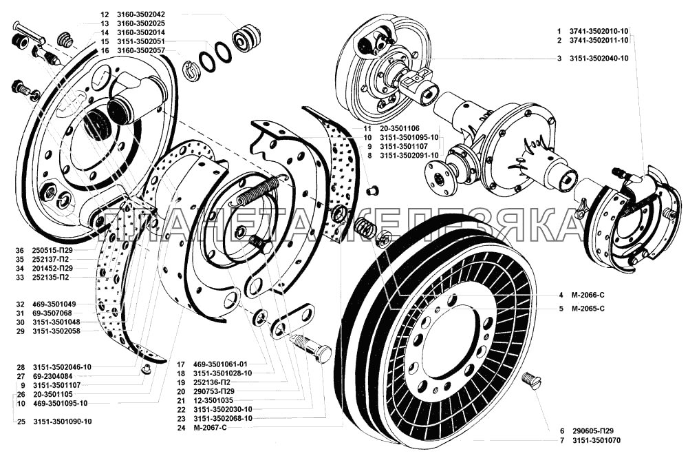 Тормоза рабочие задние и тормозные барабаны УАЗ-31514