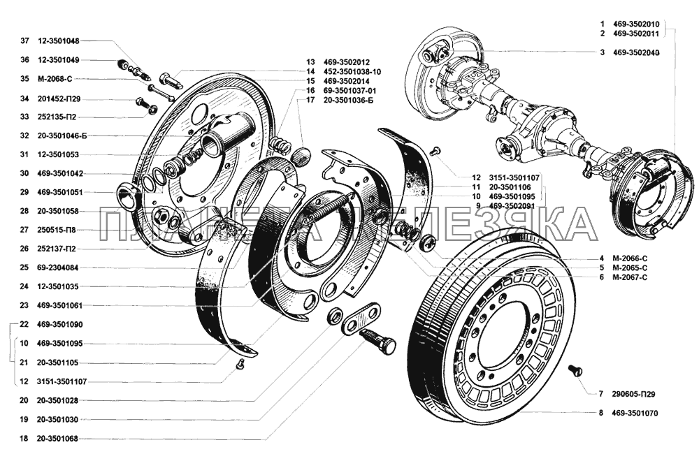 Тормоза рабочие задние и тормозные барабаны УАЗ-31512