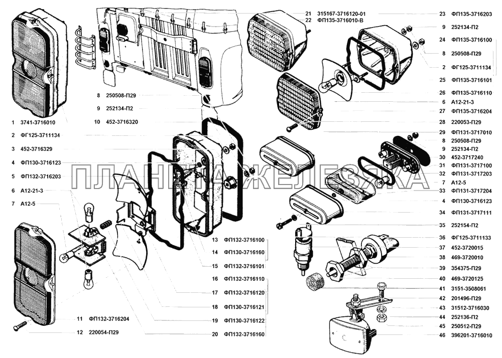 Фонари задние, фонарь освещения номерного знака и выключатели сигнала торможения УАЗ-31514