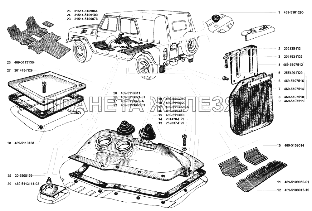 Пол кузова, кожухи пола, коврики пола, люки пола УАЗ-31519