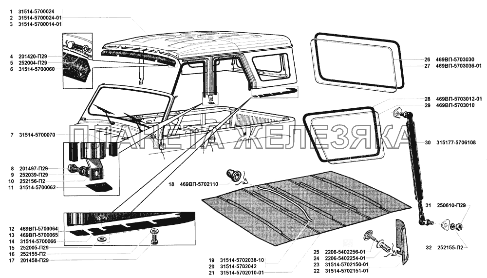 Крыша в сборе, обивка крыши, окно крыши УАЗ-31514