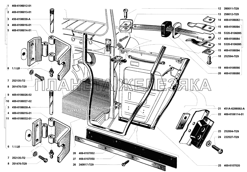 Навеска передней и задней дверей, уплотнения передней и задней дверей УАЗ-31519