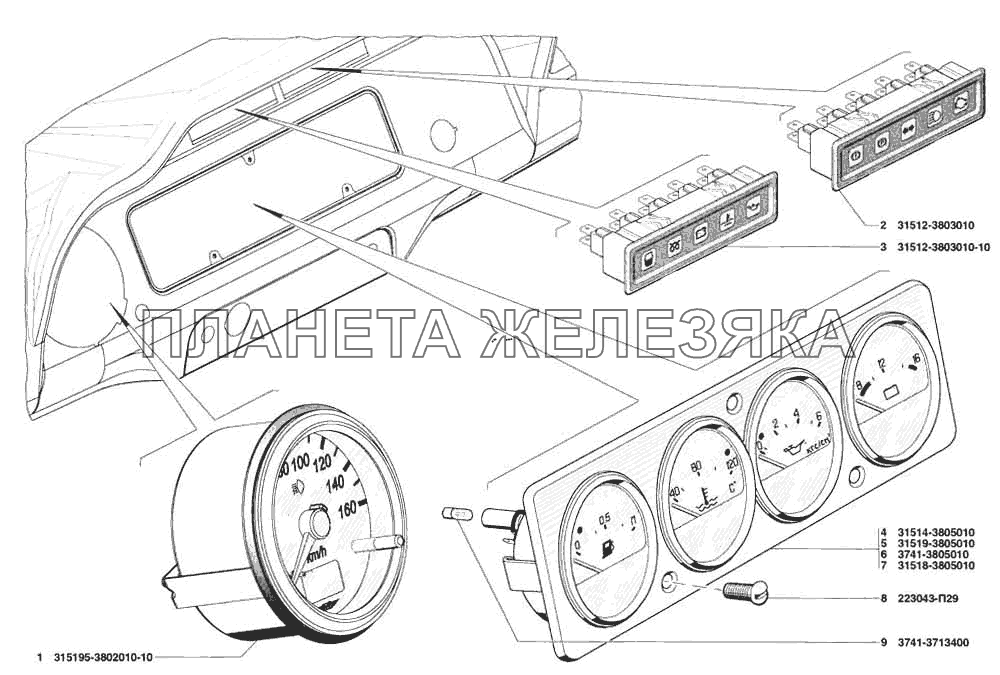 Щиток приборов, спидометр, блоки контрольных ламп УАЗ-31519
