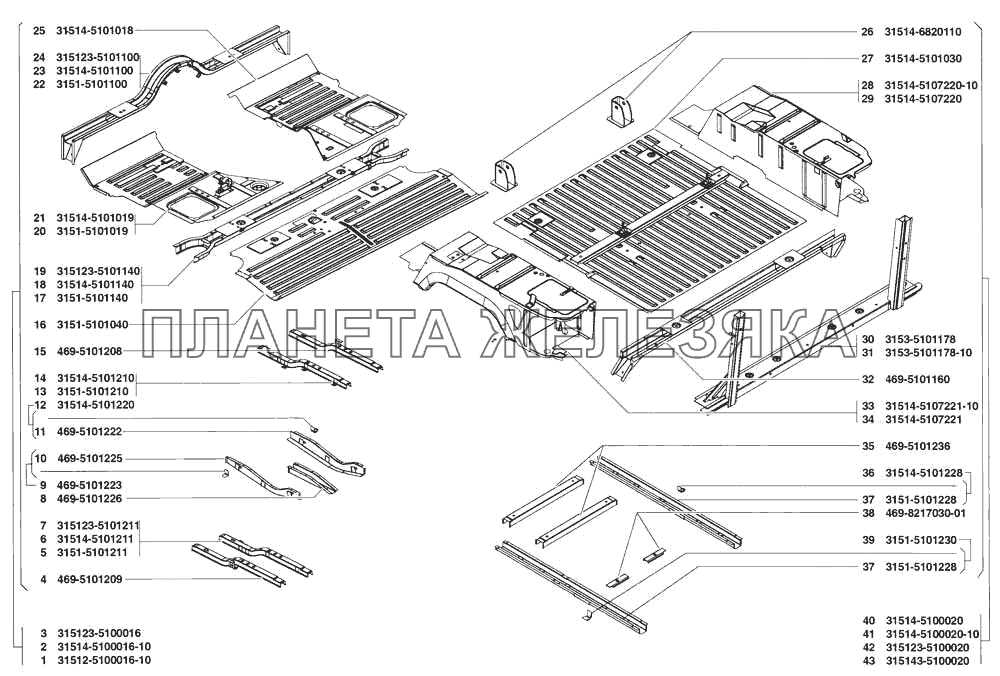 Основание в сборе, каркас, кожухи пола УАЗ-31519