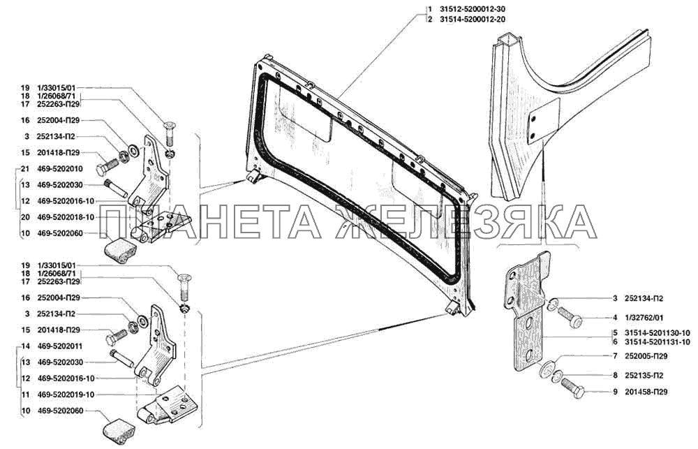 Окно ветровое в сборе, детали ветрового окна, петли ветрового окна УАЗ-31519