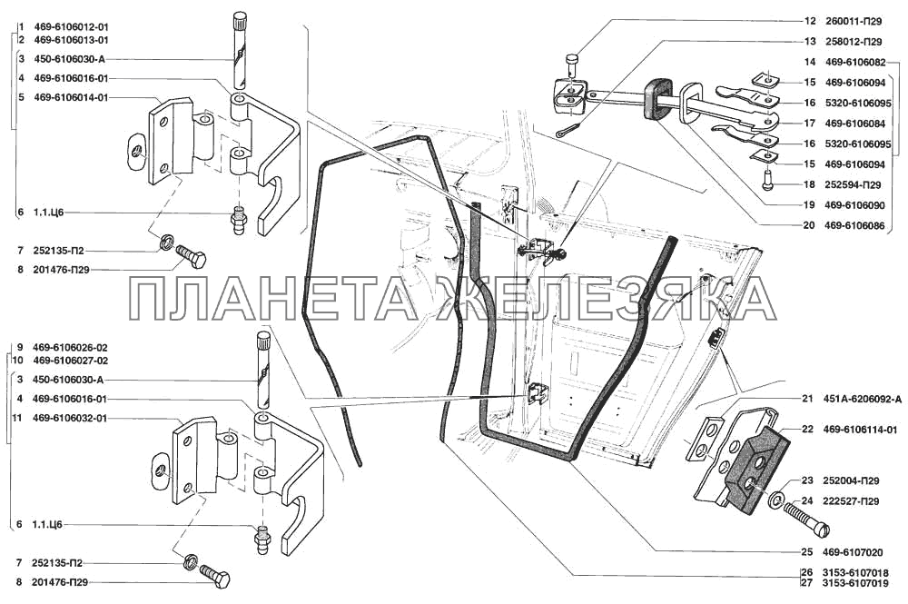 Навеска передней и задней дверей, уплотнения передней и задней дверей УАЗ-31519