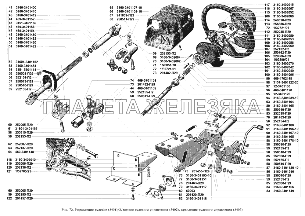 Управление рулевое, колесо рулевого управления, крепление рулевого управления УАЗ-3160