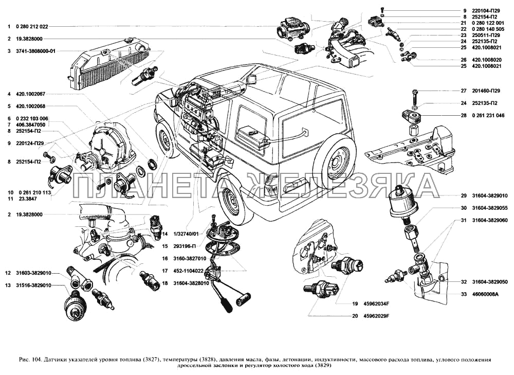 Датчики указателей уровня топлива, температуры, давления масла, фазы, детонации, индуктивности, массового расхода топлива, углового положения дроссельной заслонки и регулятор холостого хода УАЗ-3160