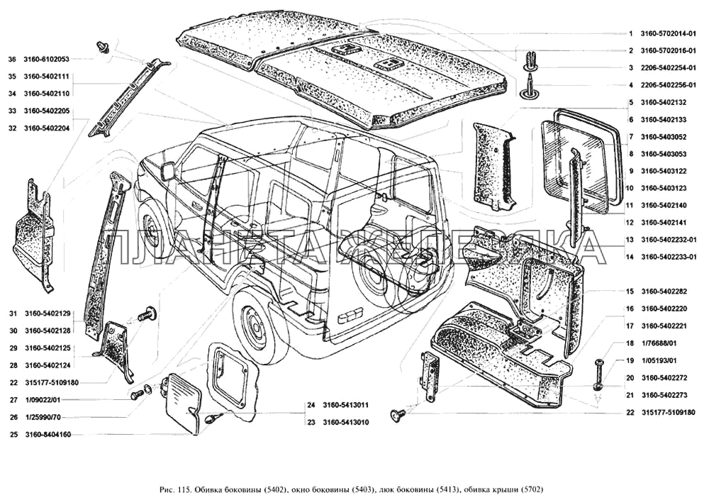 Обивка боковины, окно боковины, люк боковины УАЗ-3160