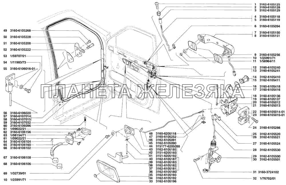 Замок и ручки передней двери, навеска передней двери, уплотнение передней двери УАЗ Patriot