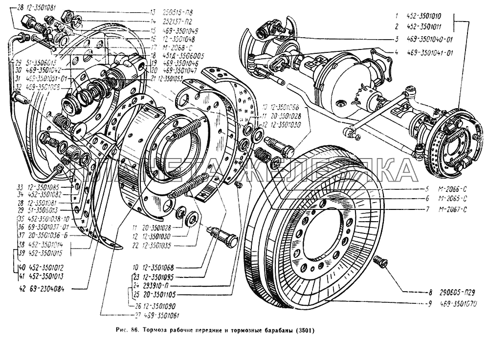 Тормоза рабочие передние и барабаны тормозные УАЗ-3741