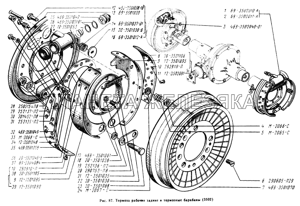 Тормоза рабочие задние и барабаны тормозные УАЗ-3741