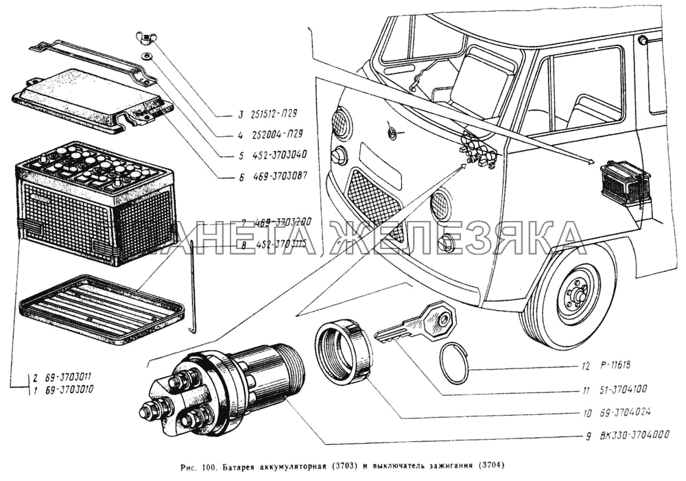 Батарея аккумуляторная, выключатель зажигания УАЗ-2206