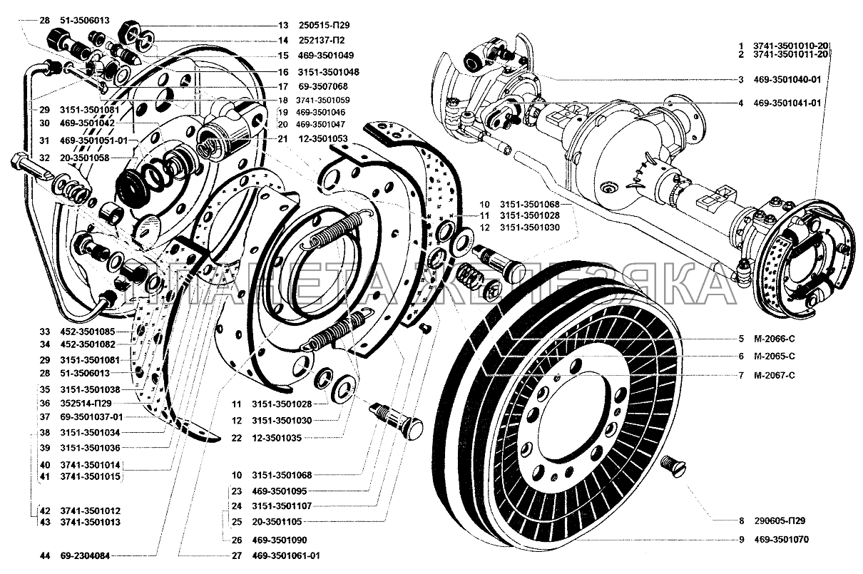 Тормоза рабочие передние и тормозные барабаны (для моста 3741-2300011-21) УАЗ-37419