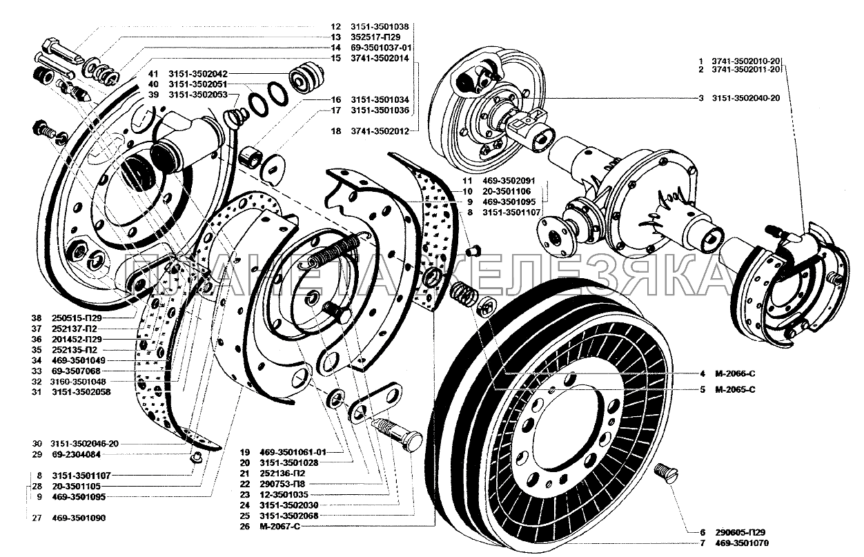 Тормоза рабочие задние и тормозные барабаны (для моста 3741-2400010-20) УАЗ-37419