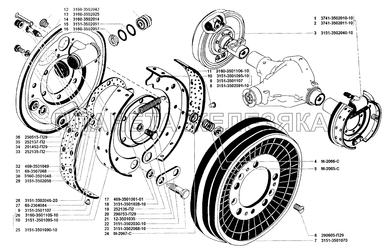 Тормоза рабочие задние и тормозные барабаны (для моста 3741-2400010-70) УАЗ-37419