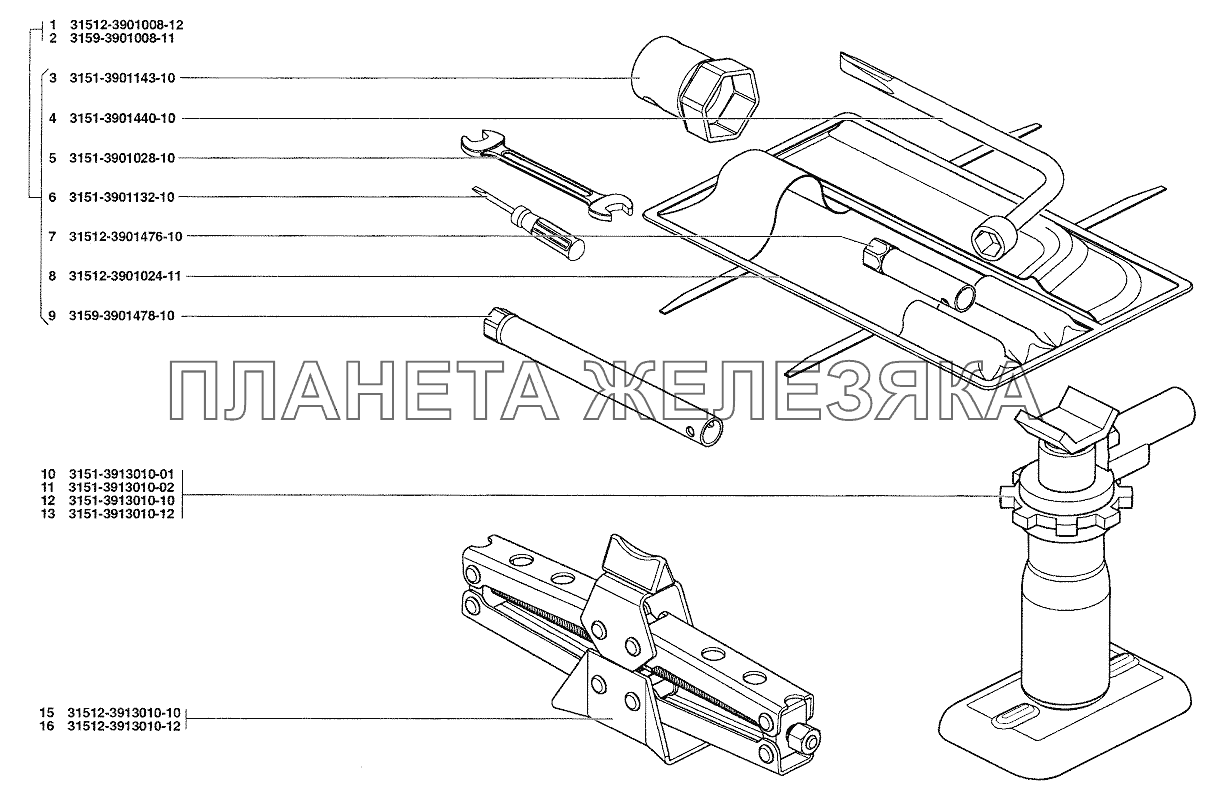 Инструмент водителя и принадлежности, домкрат УАЗ-37419