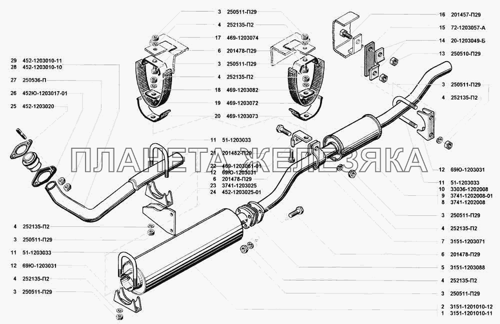 Глушитель выхлопа, резонатор и трубы выхлопные УАЗ 3741 (каталог 2002 г.)
