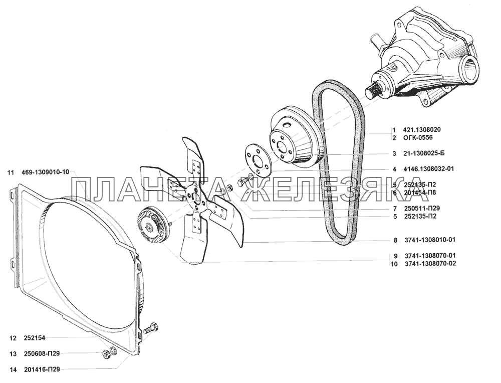 Вентилятор и кожух вентилятора УАЗ 3741 (каталог 2002 г.)