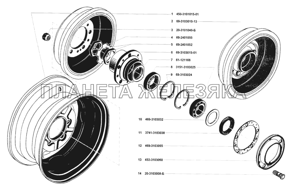 Колеса, ступицы передних и задних колес УАЗ 3741 (каталог 2002 г.)