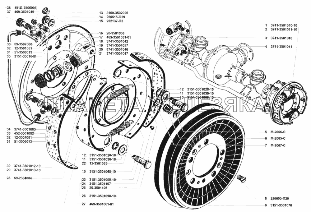 Тормоза рабочие передние и тормозные барабаны УАЗ 3741 (каталог 2002 г.)
