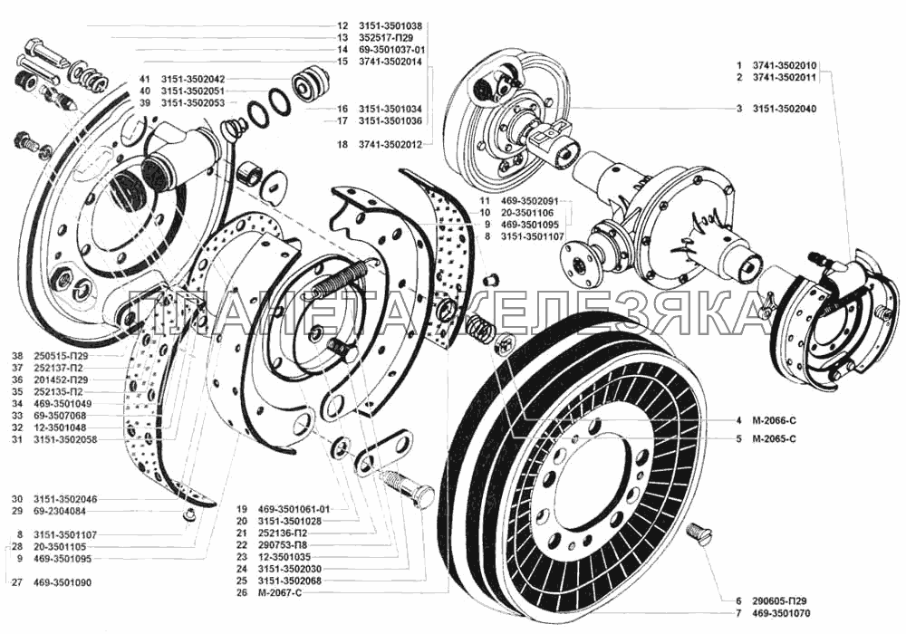 Тормоза рабочие задние и тормозные барабаны УАЗ 3741 (каталог 2002 г.)