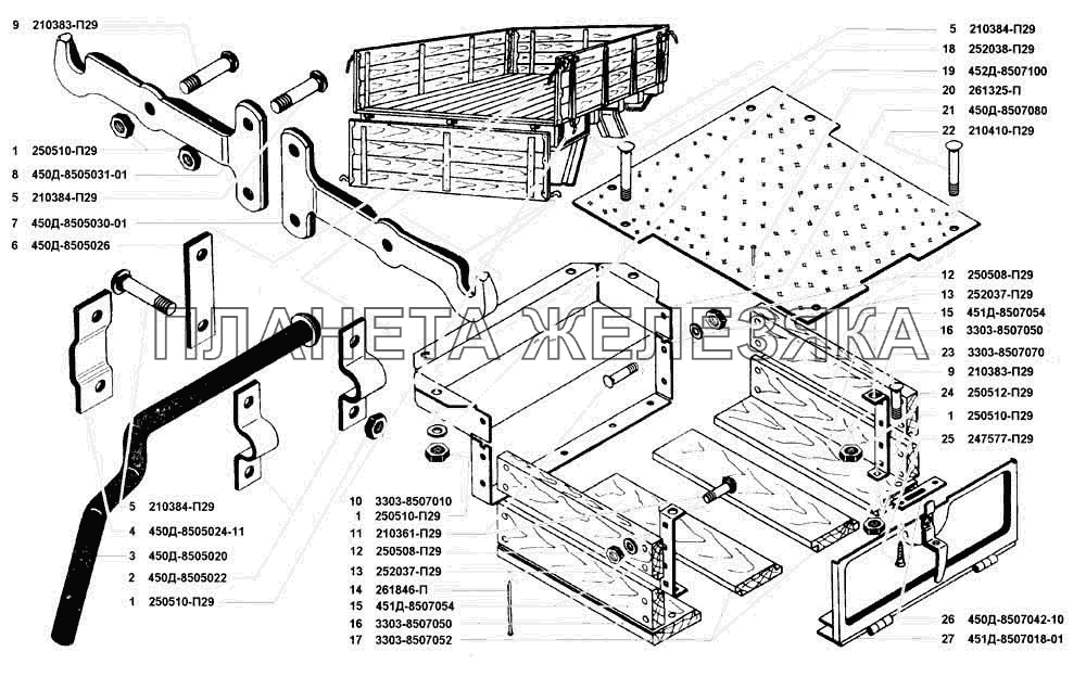 Запоры бортов платформы и ящик инструментальный УАЗ 3741 (каталог 2002 г.)