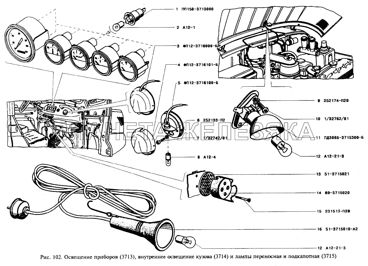 Освещение приборов, освещение кузова внутреннее и лампы переносная и подкапотная УАЗ-3151