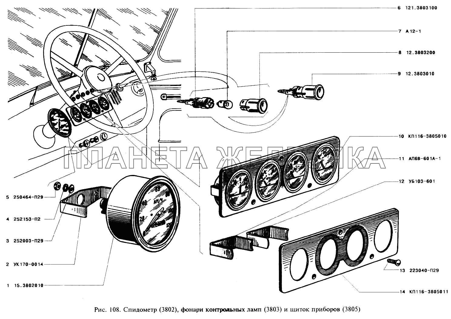 Спидометр, фонари контрольных ламп и щиток приборов УАЗ-3151