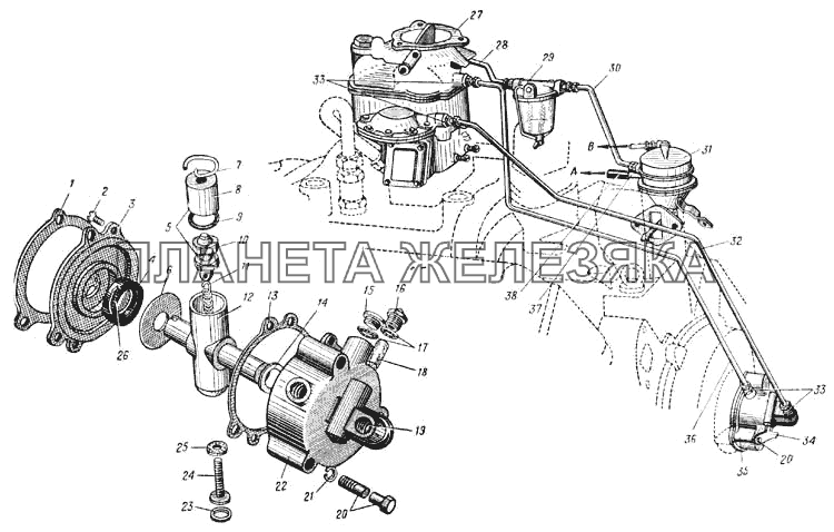 Центробежный датчик ограничителя оборотов коленчатого вала двигателя, топливопроводы карбюратора и топливного насоса (Рис. 29) УРАЛ-375