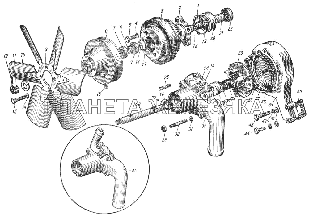 Водяной насос и вентилятор автомобиля Урал-375Д (Рис. 36) УРАЛ-375