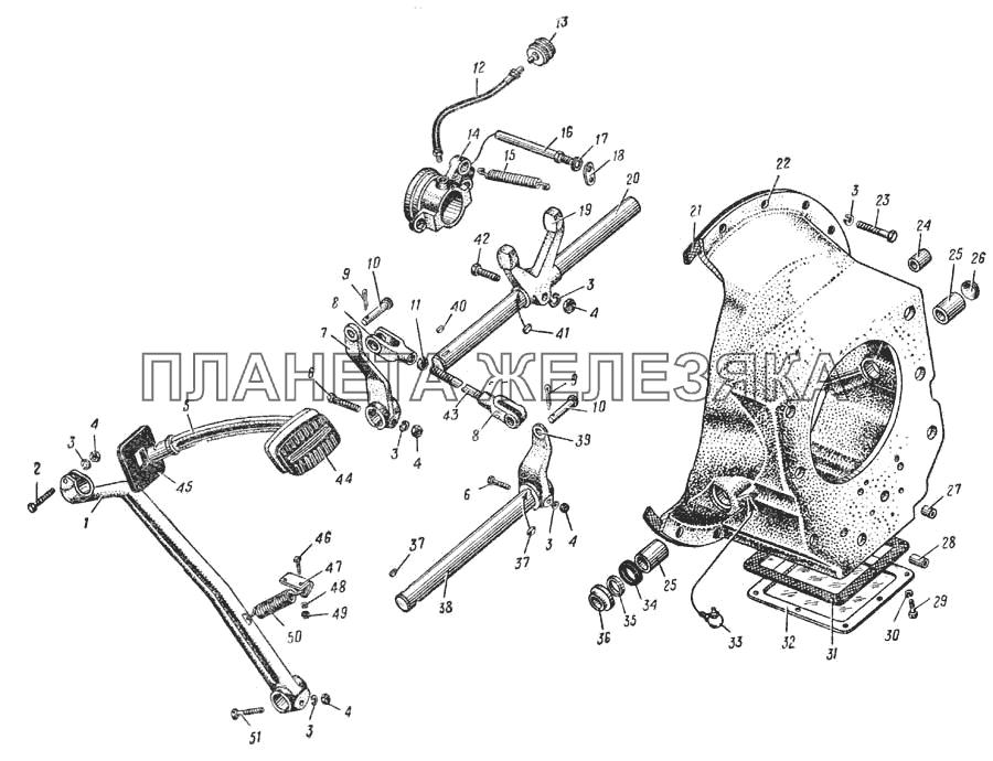 Картер и привод сцепления (Рис. 39) УРАЛ-375