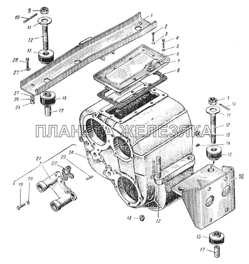 Картер и подвеска раздаточной коробки (Рис. 44) УРАЛ-375
