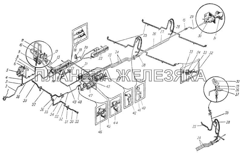 Схема пневмогидравлических тормозов автомобиля Урал-375Д (Рис. 94) УРАЛ-375