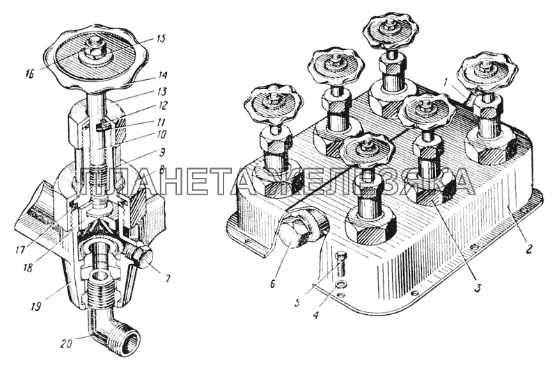 Блок шинных кранов (Рис. 128) УРАЛ-375