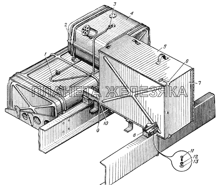 Крепление инструментального ящика и дополнительного топливного бака седельного тягача Урал-375С (Рис. 163) УРАЛ-375