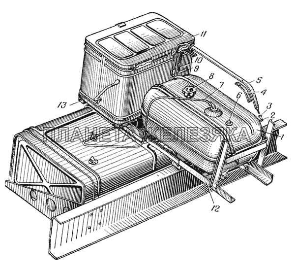 Крепление инструментального ящика и дополнительного топливного бака на основании держателя запасного колеса седельного тягача Урал-377С (Рис. 164) УРАЛ-375