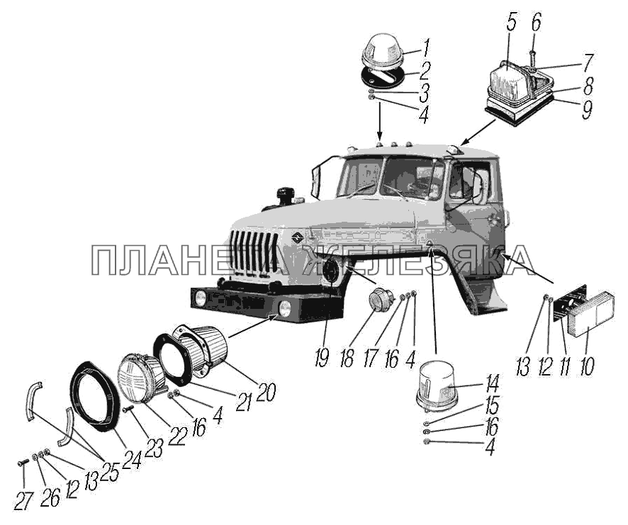 Установка фар, фонарей знака автопоезда, габаритных и указателей поворота для автомобилей Урал 4320-0001911-60, Урал 4320-0001912-60, Урал 4320-0001916-60, Урал 4320-0001922-60, Урал 4320-0001951-60, Урал 4320-0001952-60 УРАЛ-4320-60