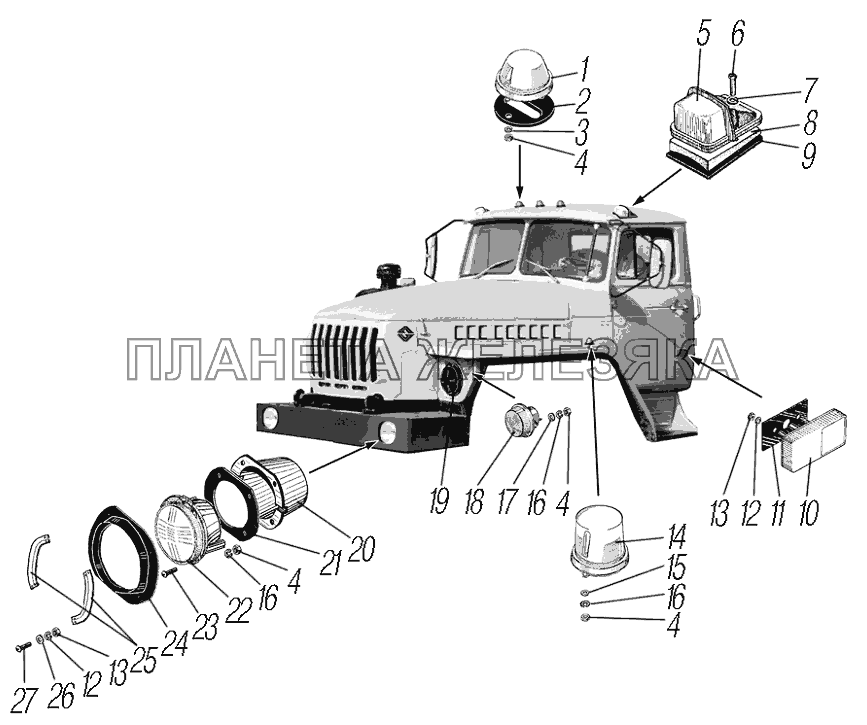 Установка фар, фонарей знака автопоезда, габаритных и указателей поворота УРАЛ-4320-61